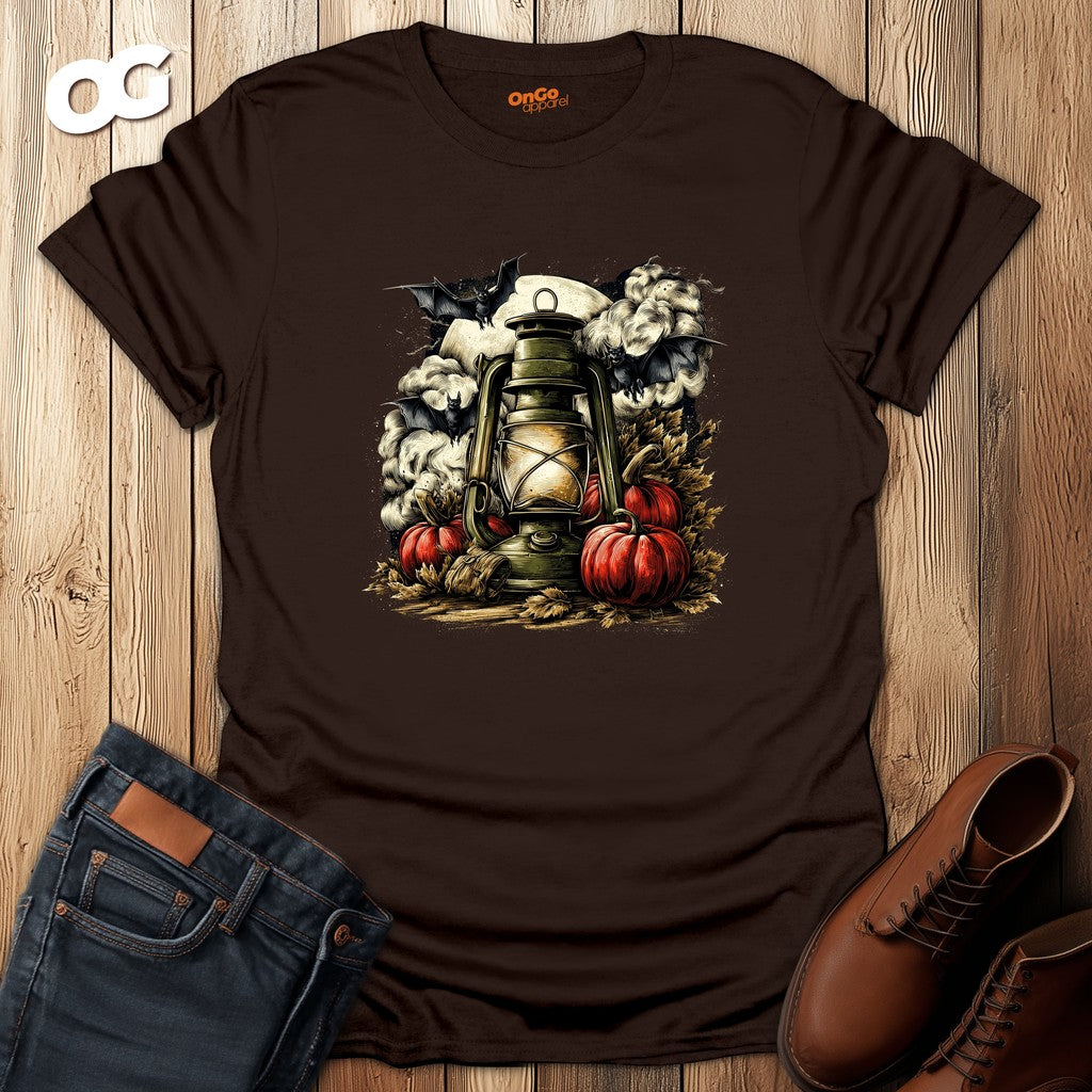 Halloween Lantern T-Shirt with Bats and Pumpkins – dark_chocolate – oak-wood