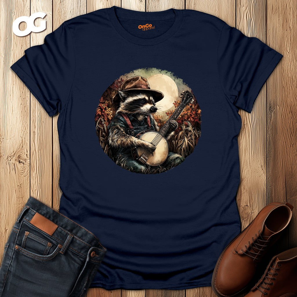Raccoon with Banjo T-Shirt - Woodland Music Art – navy – oak-wood