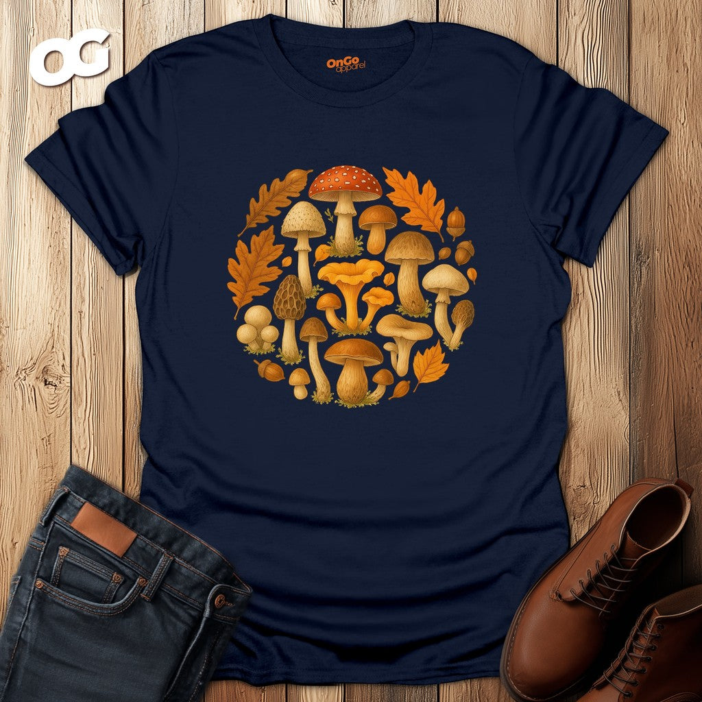 Mushroom & Leaf Circle Graphic T-Shirt – navy – oak-wood