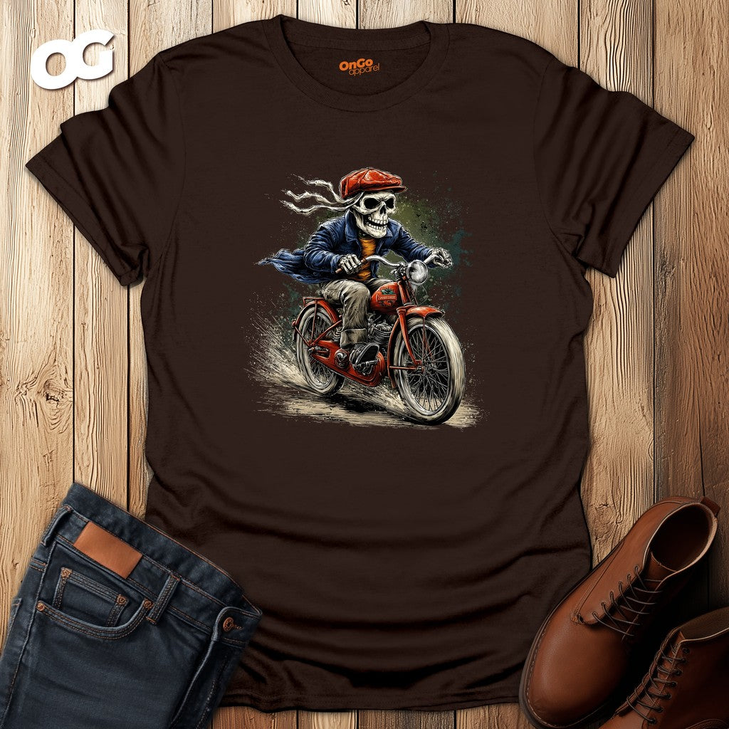 Skeleton Riding Bicycle Graphic T-Shirt – dark_chocolate – oak-wood