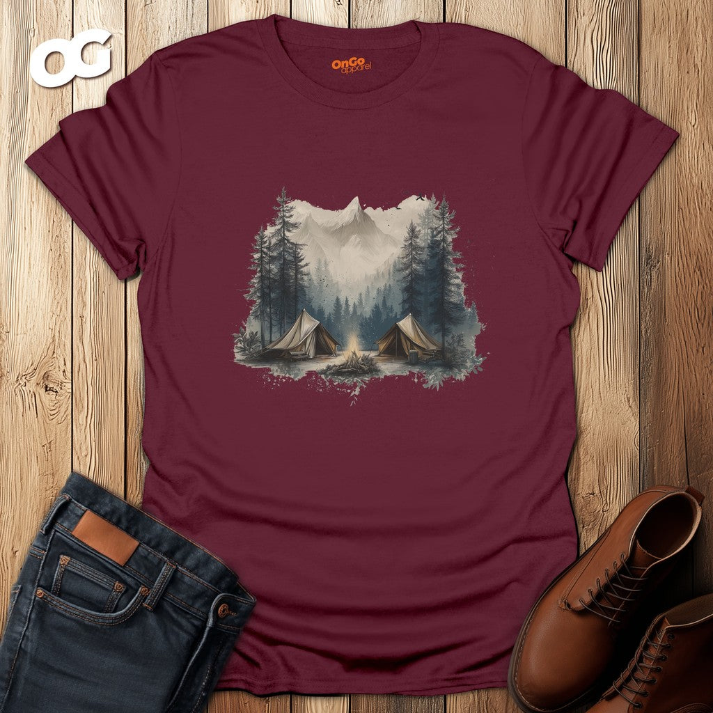 Camping Scene T-Shirt with Tent and Mountain Design – maroon – oak-wood