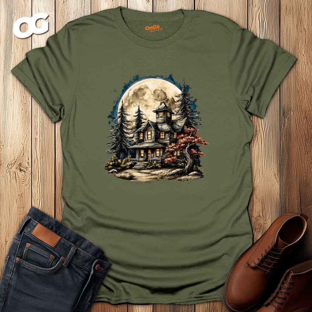 Haunted House T-Shirt with Mystical Design – military_green – oak-wood