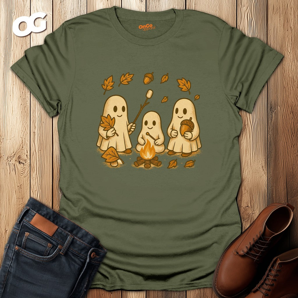 Ghosts Bonfire T-Shirt with Autumn Marshmallow Design – military_green – oak-wood