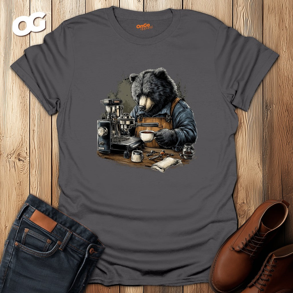 Bear Barista T-Shirt with Coffee Design – charcoal – oak-wood