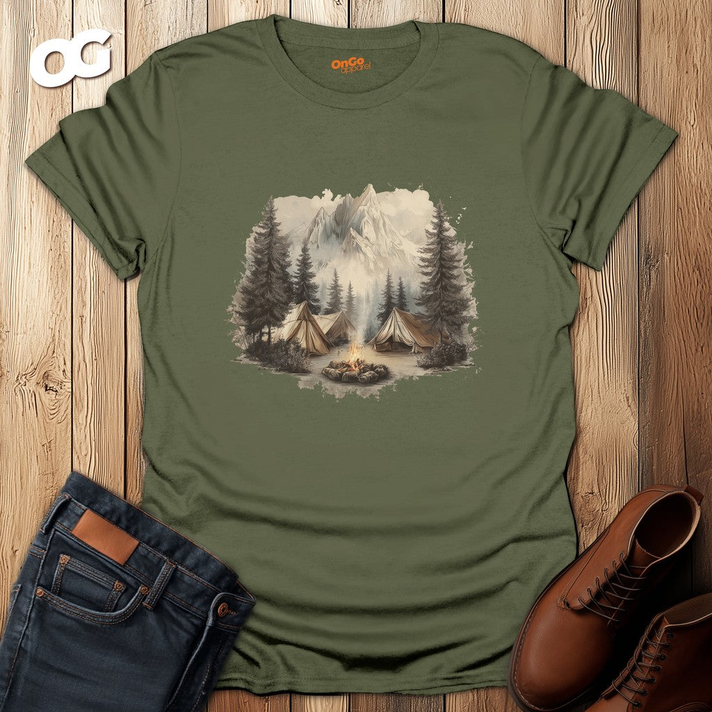 Camping Scene T-Shirt with Tents and Mountains – military_green – oak-wood