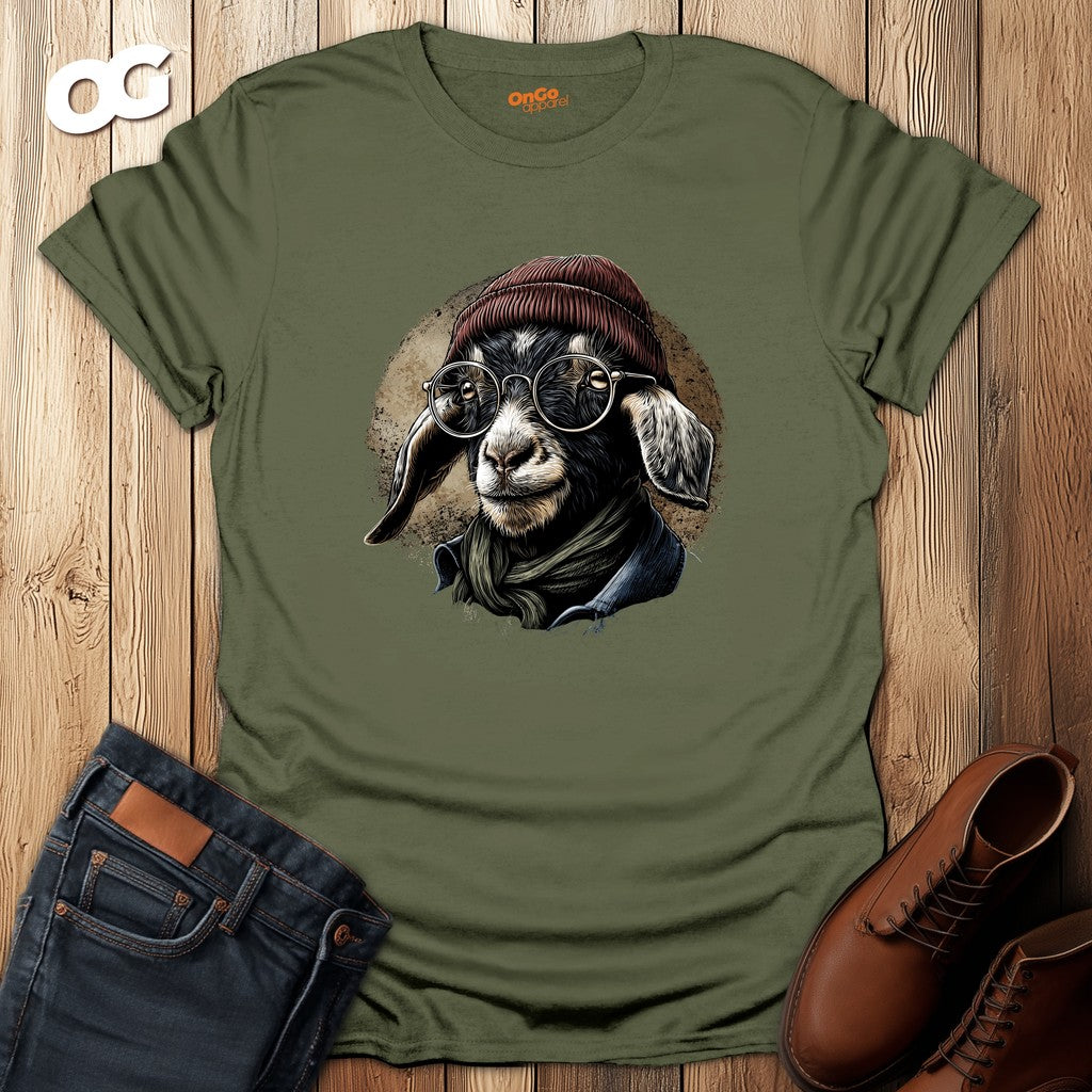 Trendy Goat T-Shirt with Glasses and Beanie Design – military_green – oak-wood