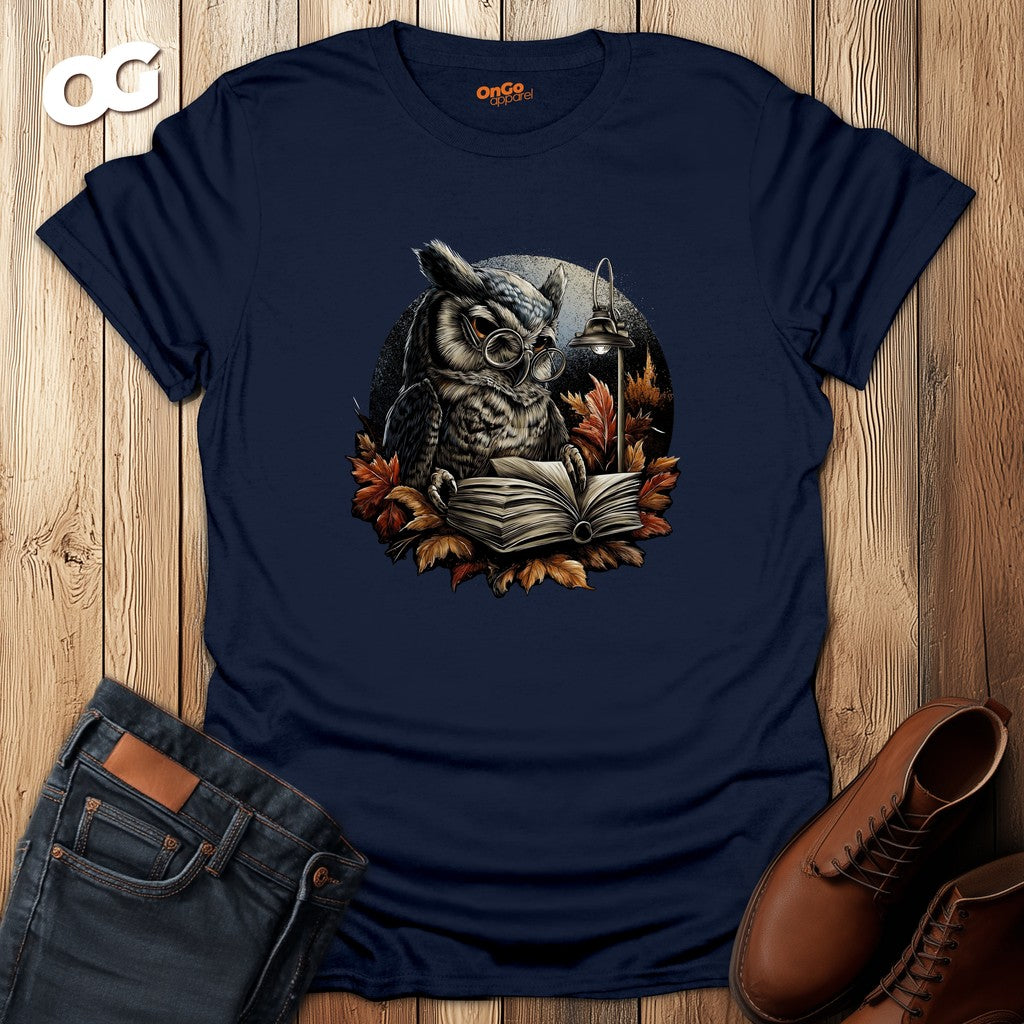 Owl Reading Book T-Shirt with Fall Leaves Design – navy – oak-wood