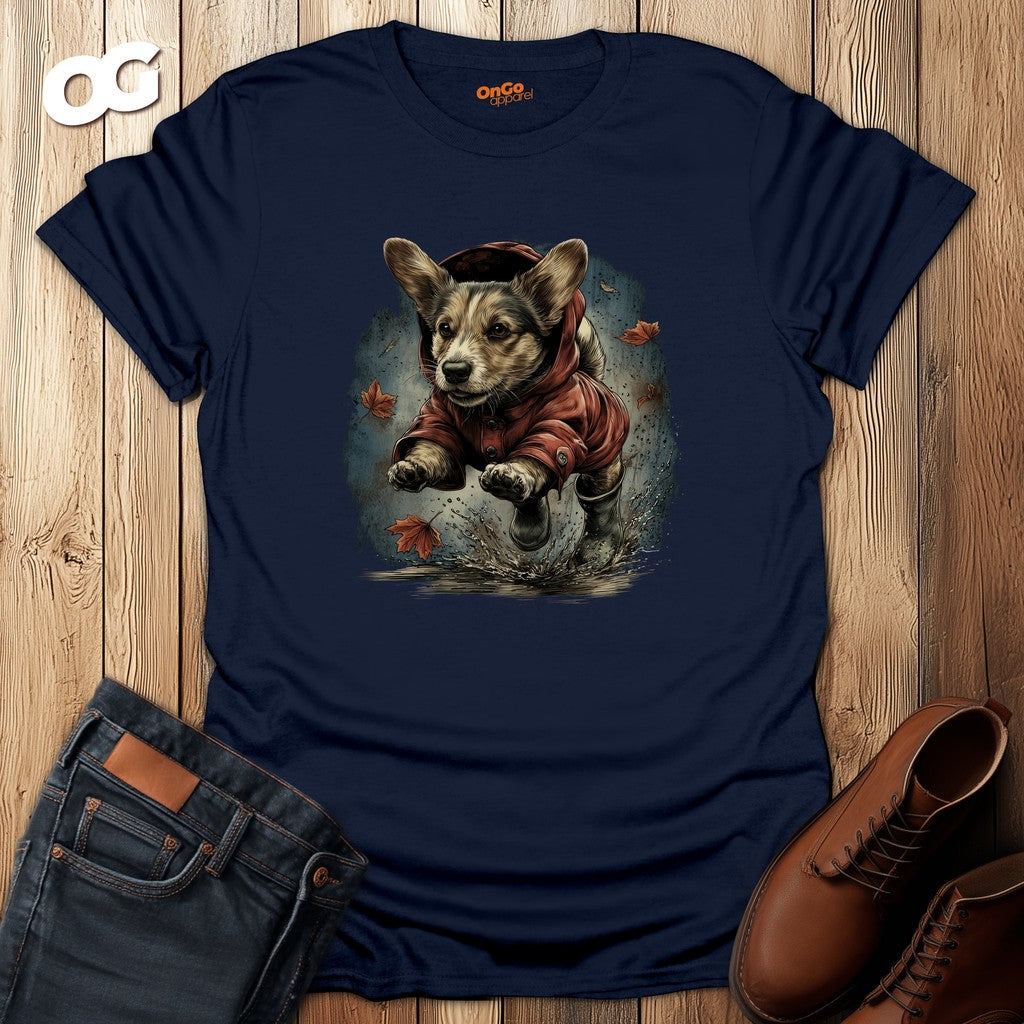 Corgi in Boots T-Shirt with Fall Leaves Design – navy – oak-wood