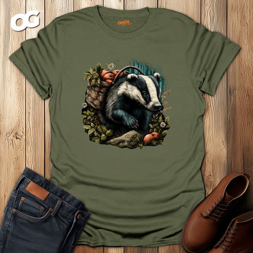 Badger and Basket Graphic T-Shirt – military_green – oak-wood