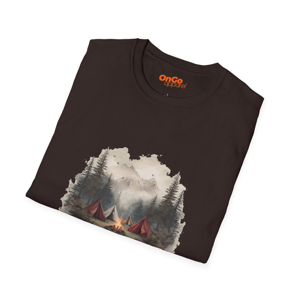 Camping Adventure T-Shirt with Bonfire and Mountain Scene