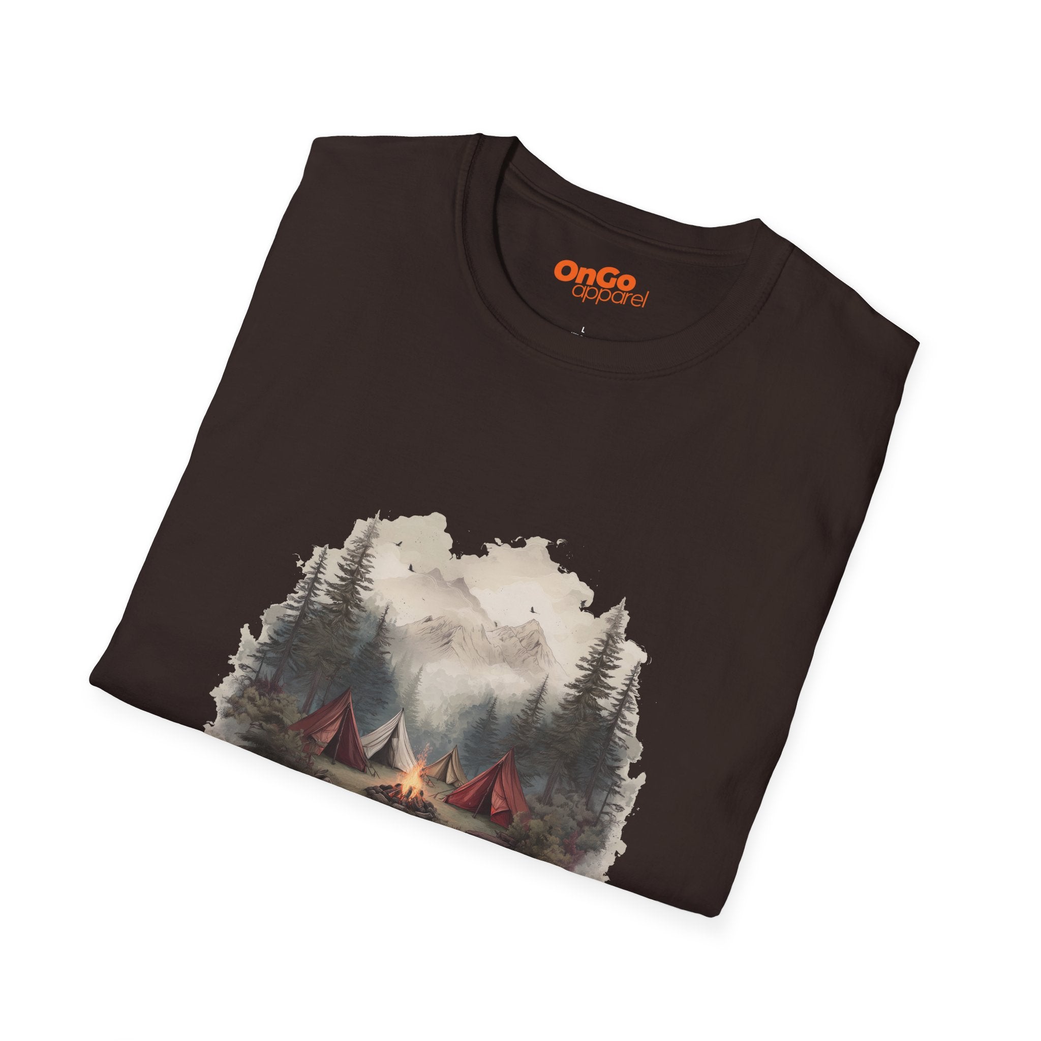 Camping Adventure T-Shirt with Bonfire and Mountain Scene