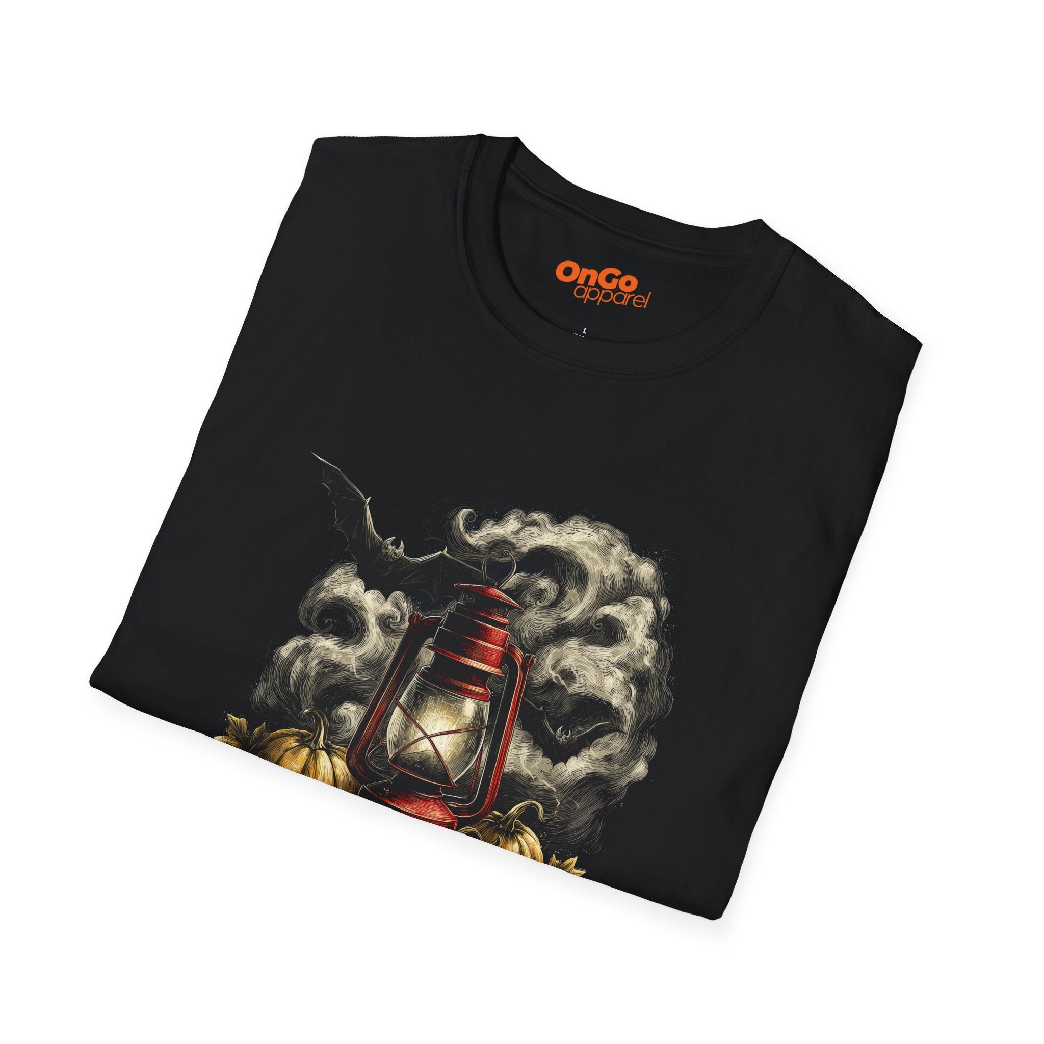 Eerie Lantern T-Shirt with Bats and Pumpkins Design