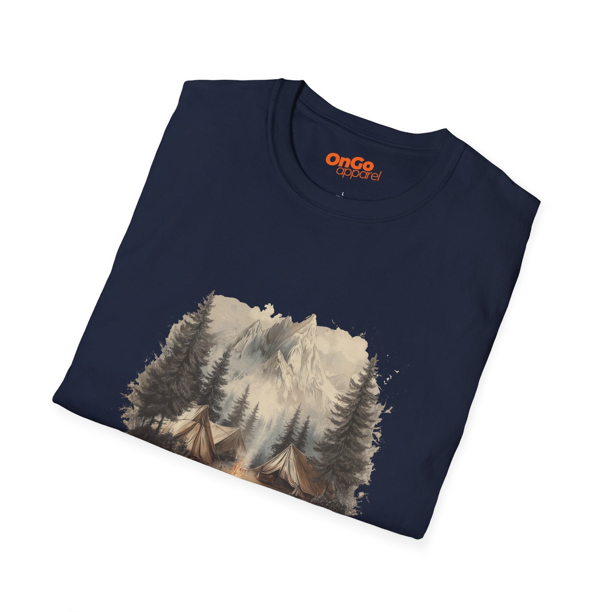 Camping Scene T-Shirt with Tents and Mountains