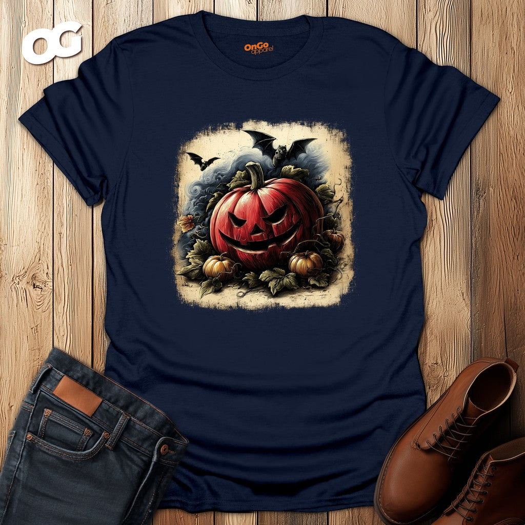 Jack-o'-Lantern Halloween T-shirt with Bats Design – navy – oak-wood
