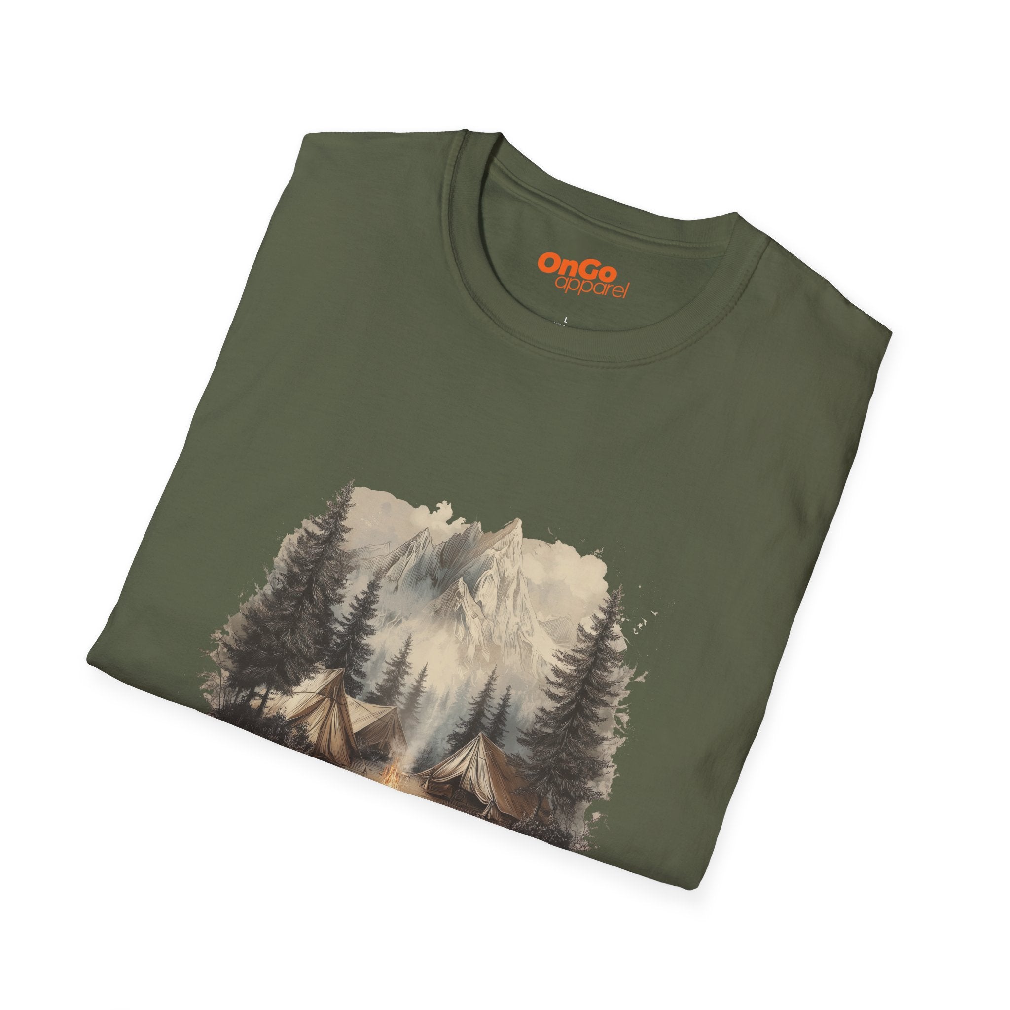 Camping Scene T-Shirt with Tents and Mountains