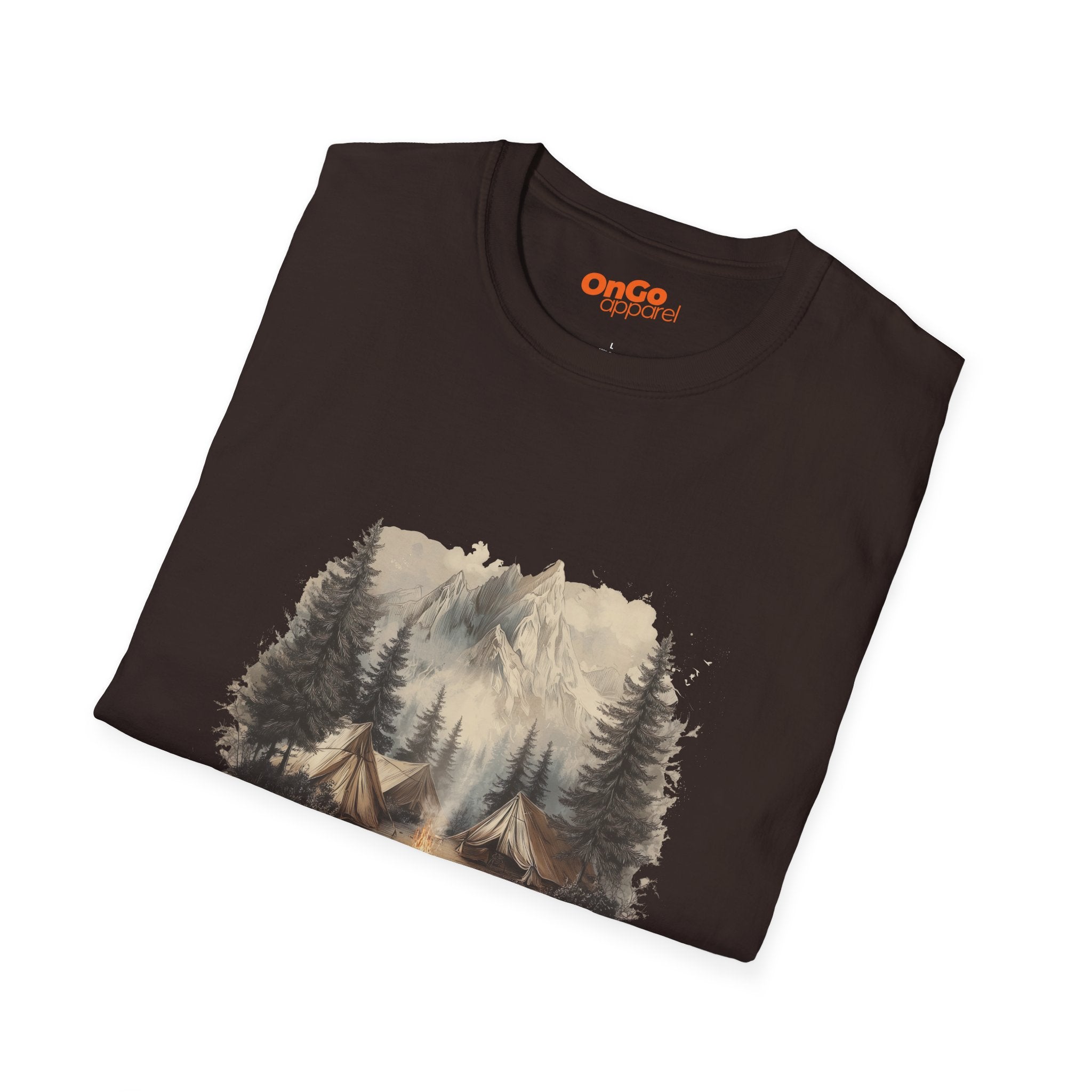 Camping Scene T-Shirt with Tents and Mountains