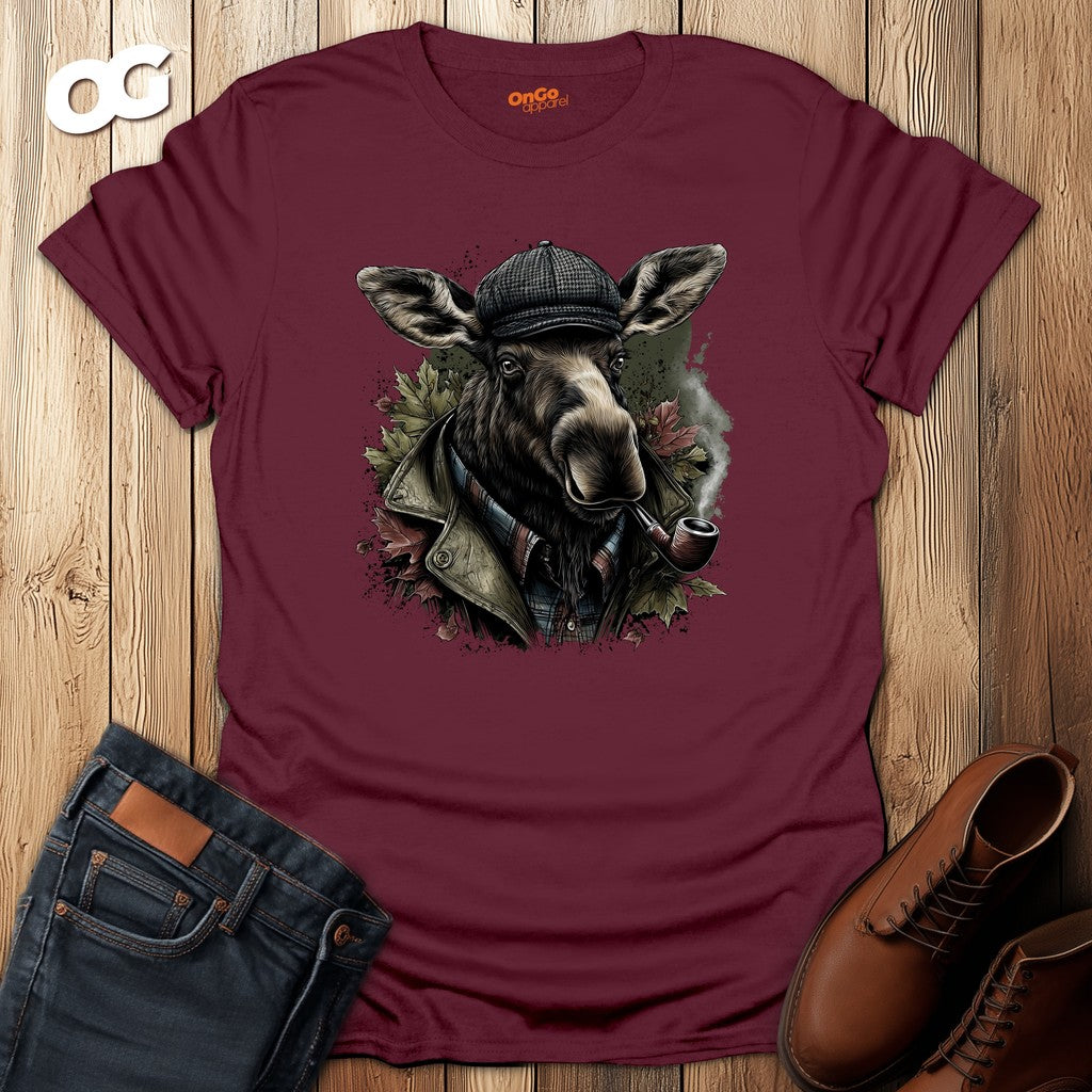 Moose with Pipe T-Shirt - Nature Wildlife Design – maroon – oak-wood