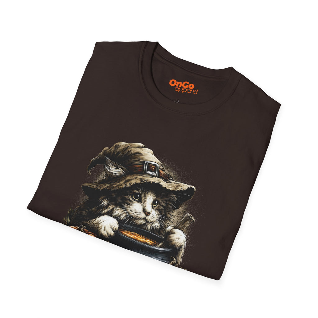 Cat Witch T-Shirt with Pumpkin Cauldron Design