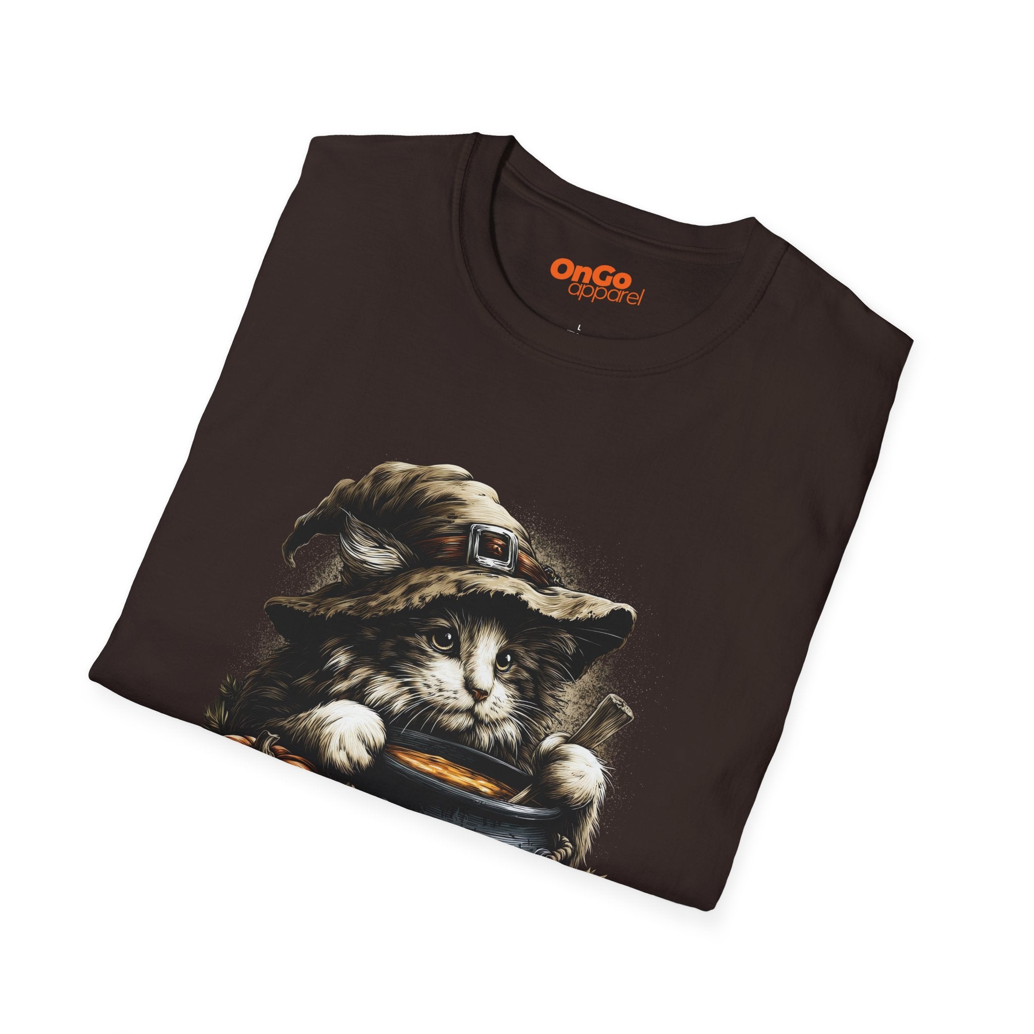 Cat Witch T-Shirt with Pumpkin Cauldron Design