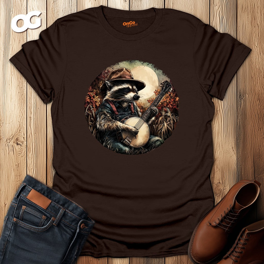 Raccoon with Banjo T-Shirt - Woodland Music Art – dark_chocolate – oak-wood