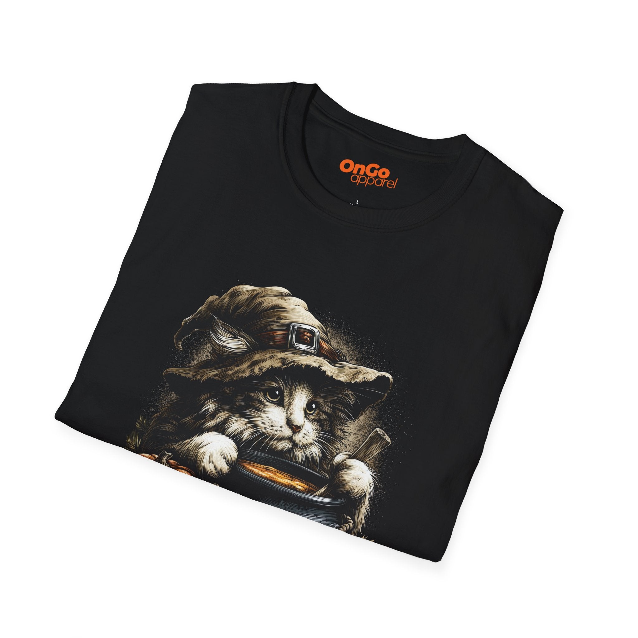 Cat Witch T-Shirt with Pumpkin Cauldron Design
