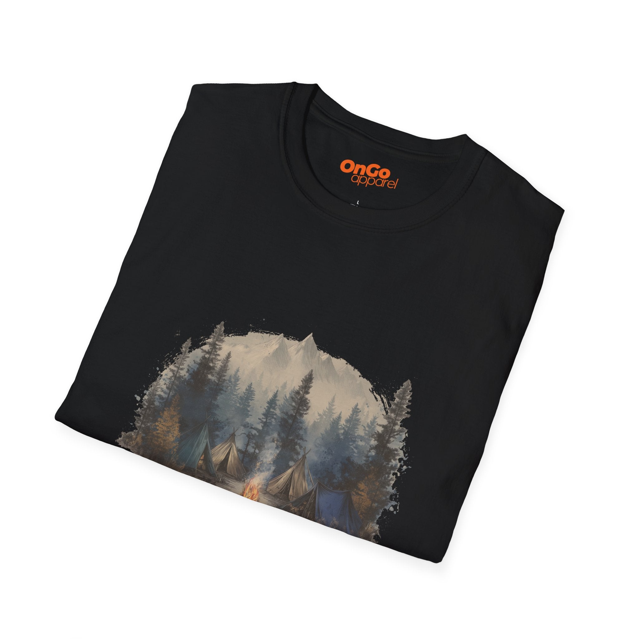 Camping Adventure T-Shirt with Mountain and Bonfire Design