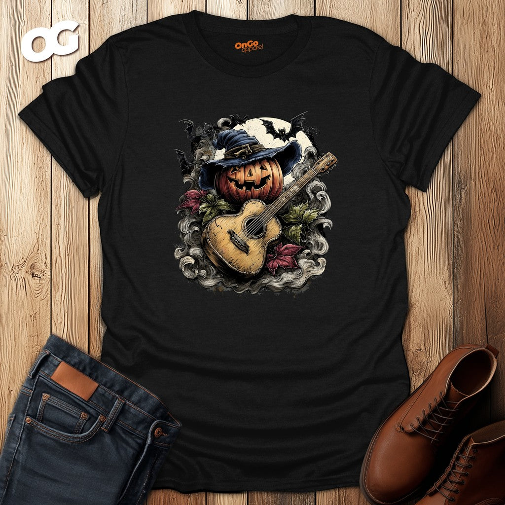 Halloween Pumpkin Guitar T-Shirt with Witch Hat – black – oak-wood