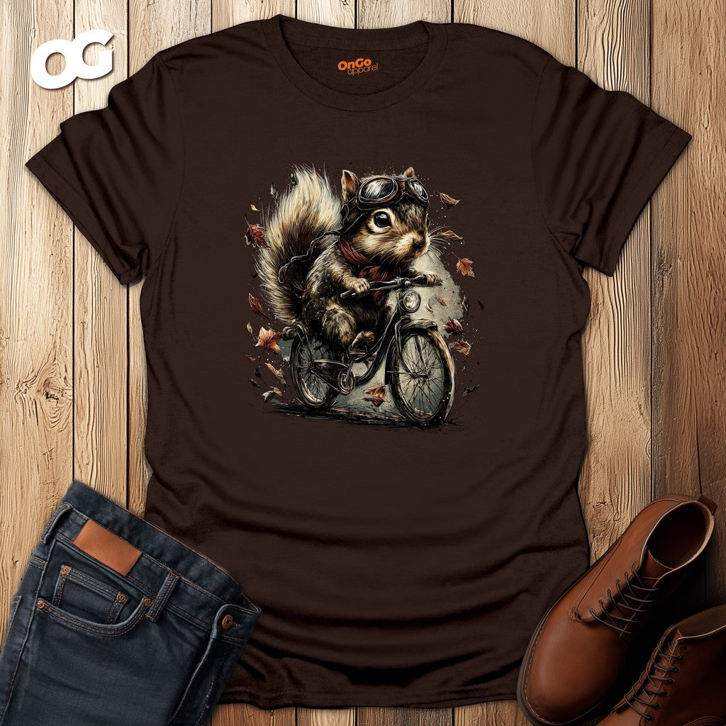 Squirrel Aviator Bike T-Shirt with Fun Animal Design – dark_chocolate – oak-wood