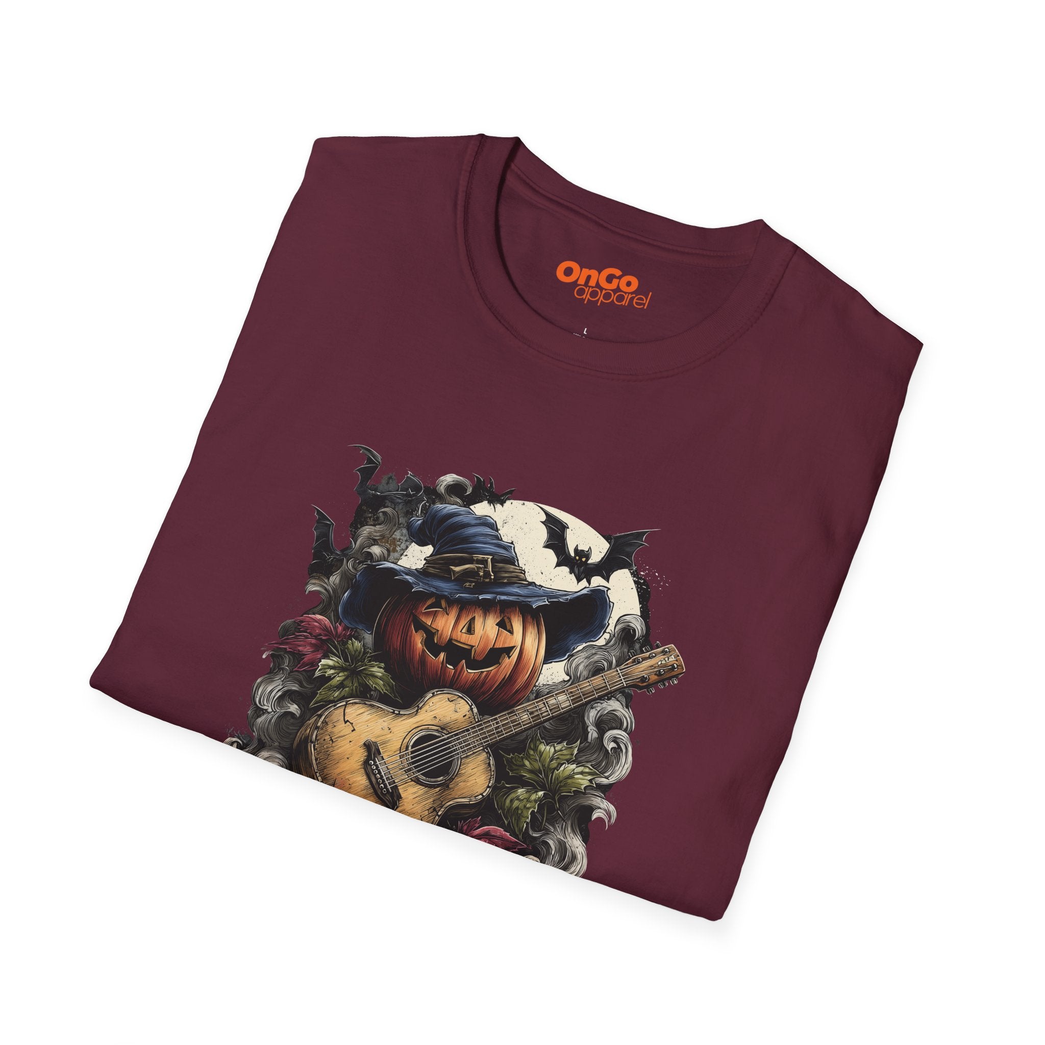 Halloween Pumpkin Guitar T-Shirt with Witch Hat