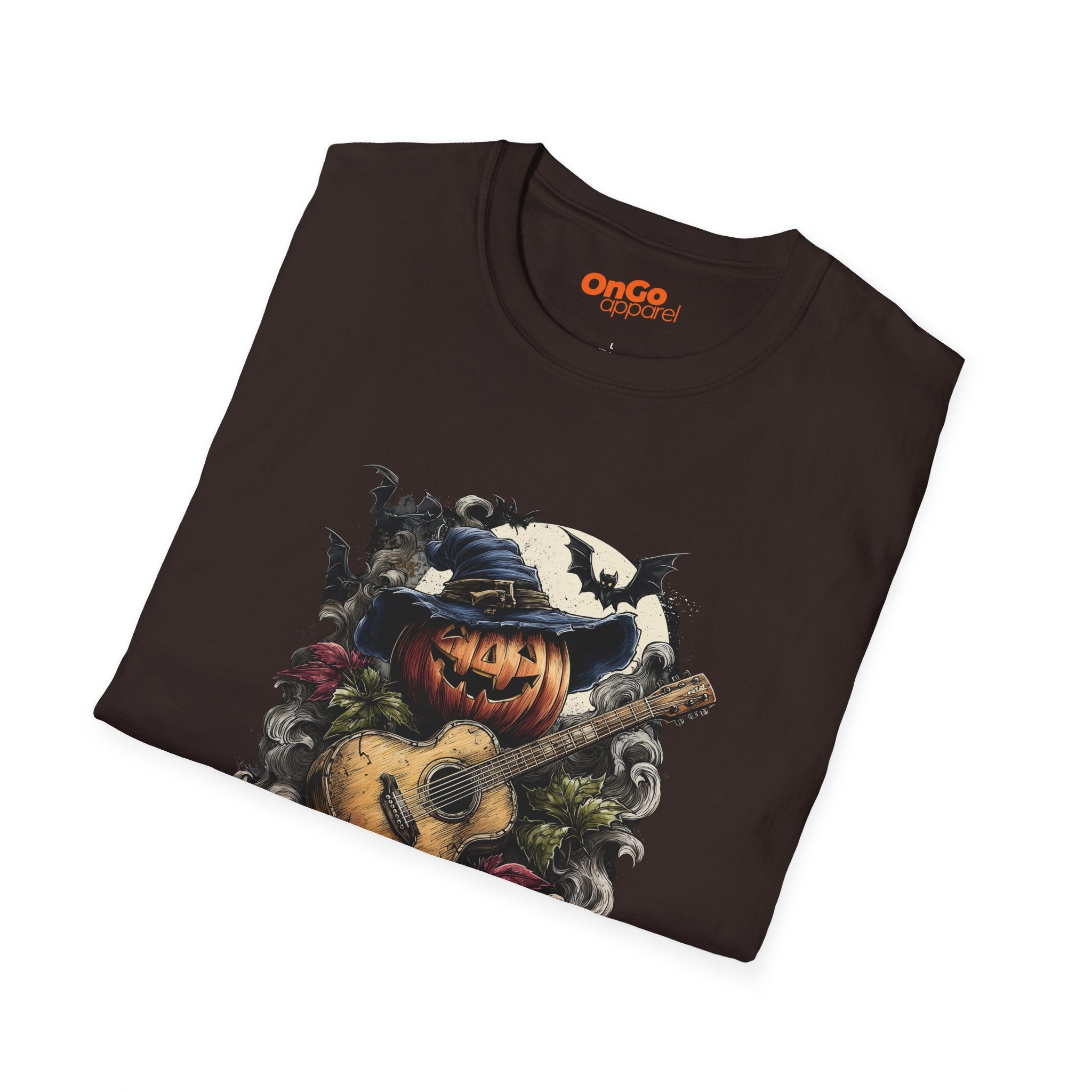 Halloween Pumpkin Guitar T-Shirt with Witch Hat