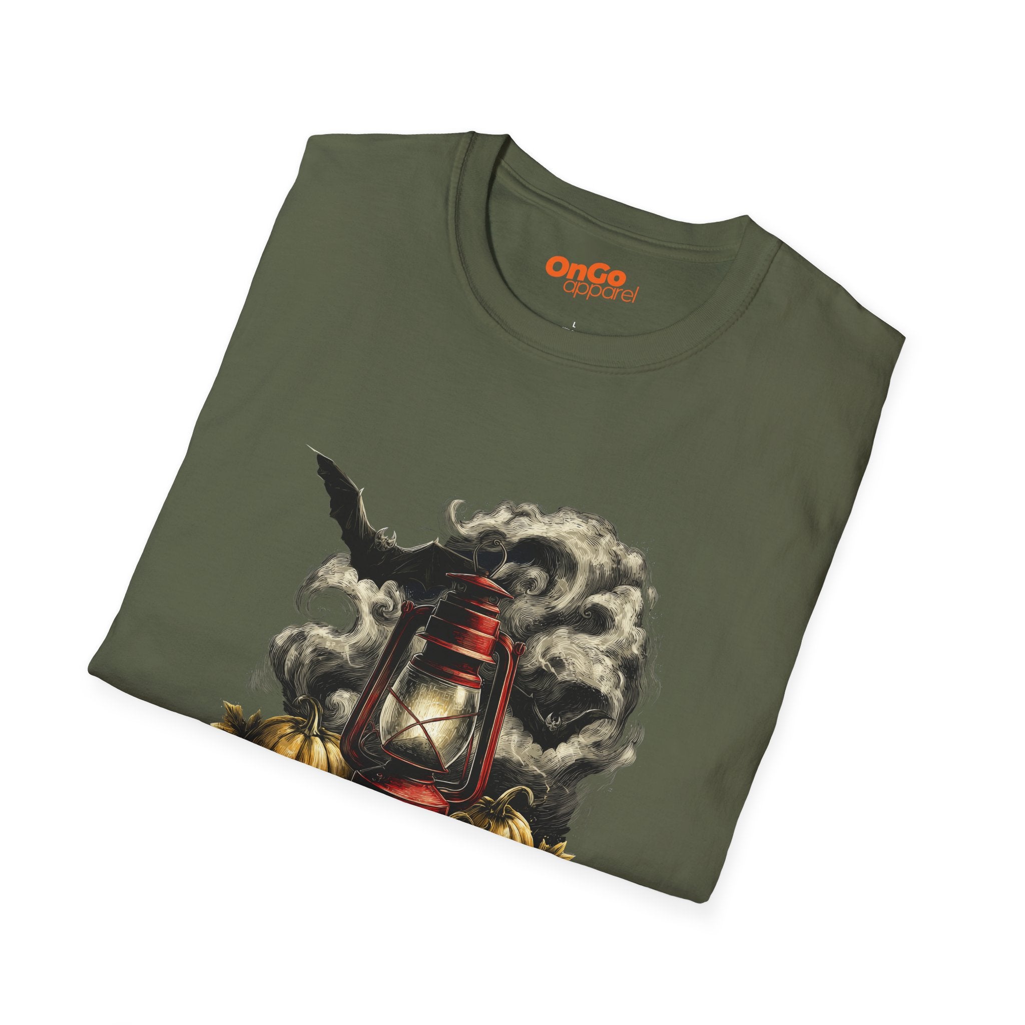 Eerie Lantern T-Shirt with Bats and Pumpkins Design