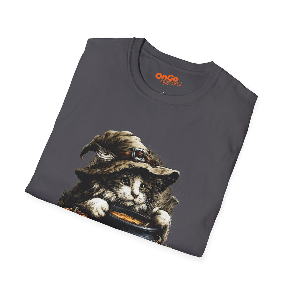 Cat Witch T-Shirt with Pumpkin Cauldron Design