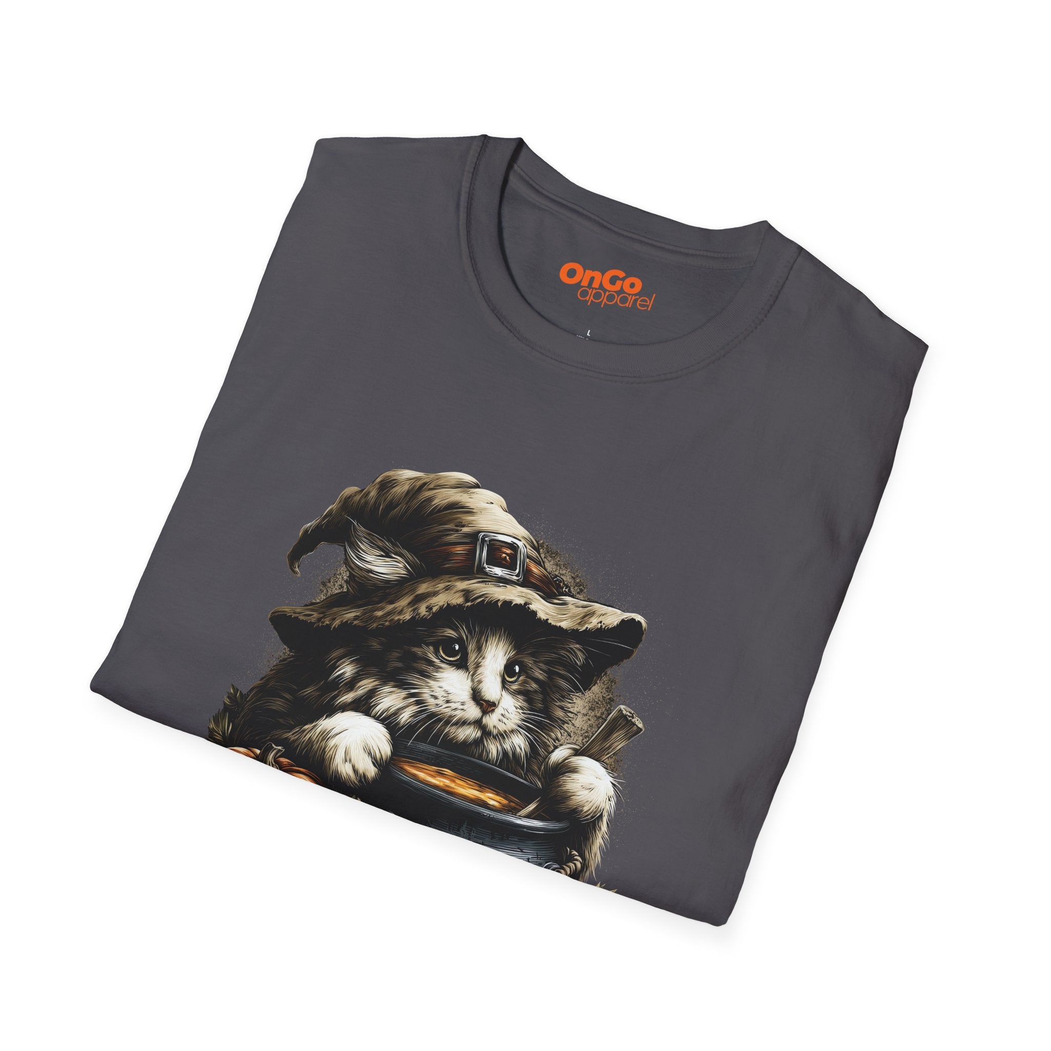 Cat Witch T-Shirt with Pumpkin Cauldron Design