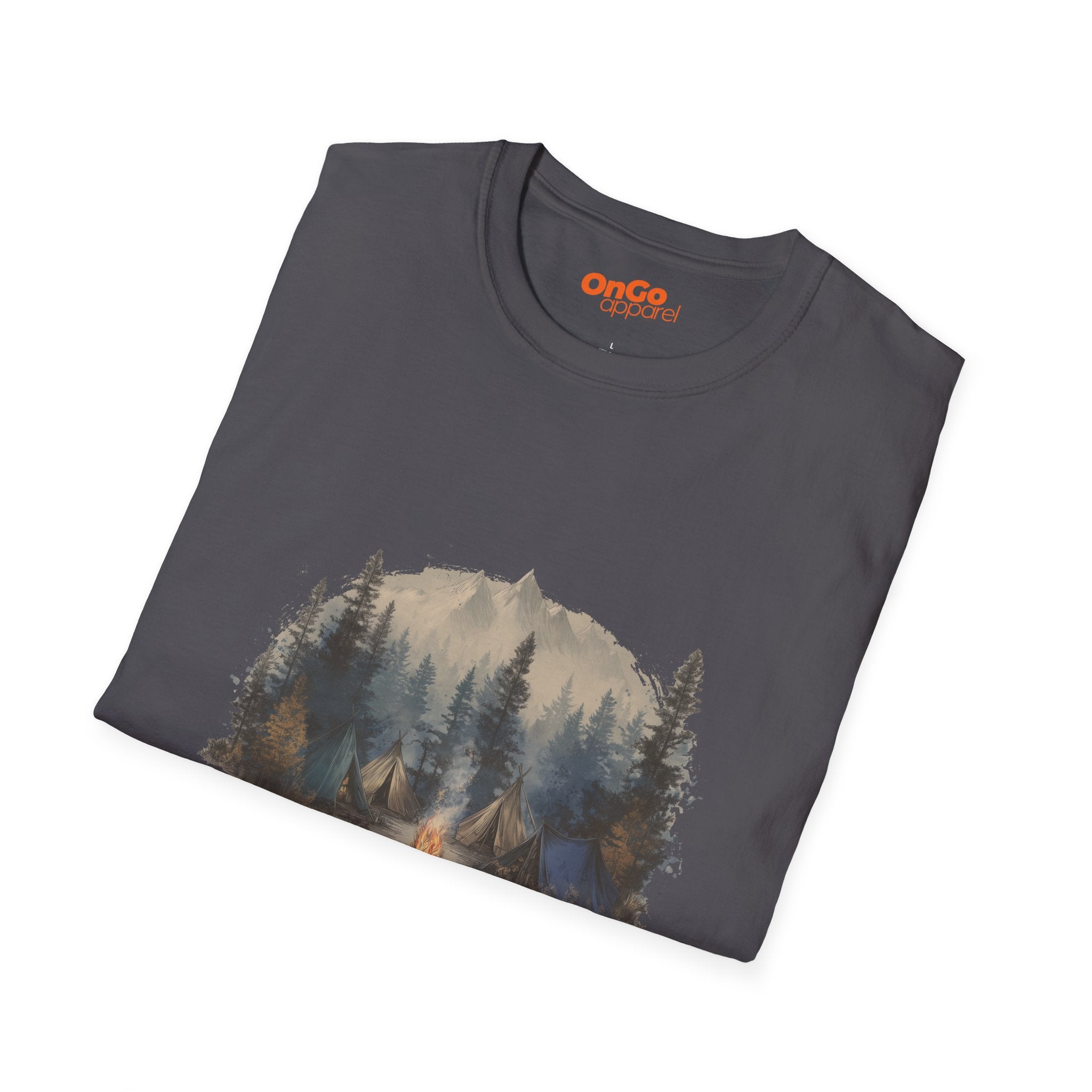 Camping Adventure T-Shirt with Mountain and Bonfire Design