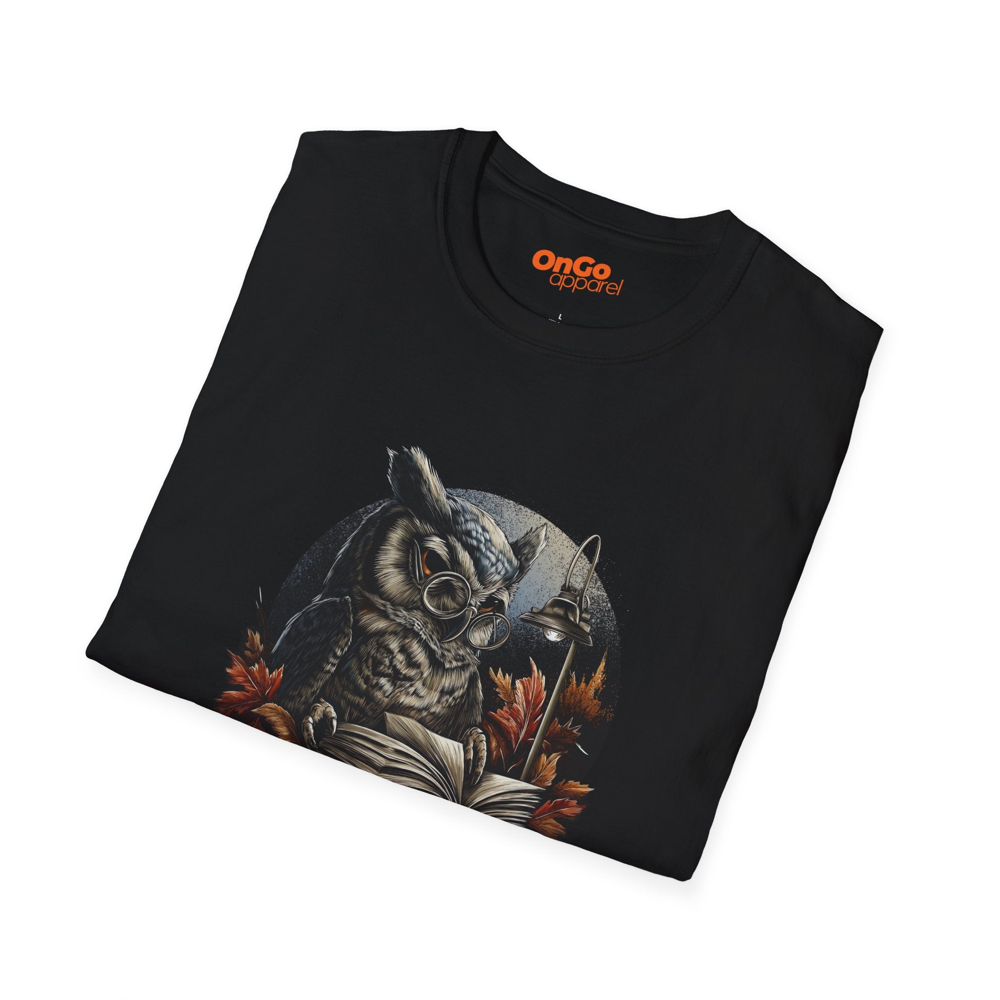 Owl Reading Book T-Shirt with Fall Leaves Design