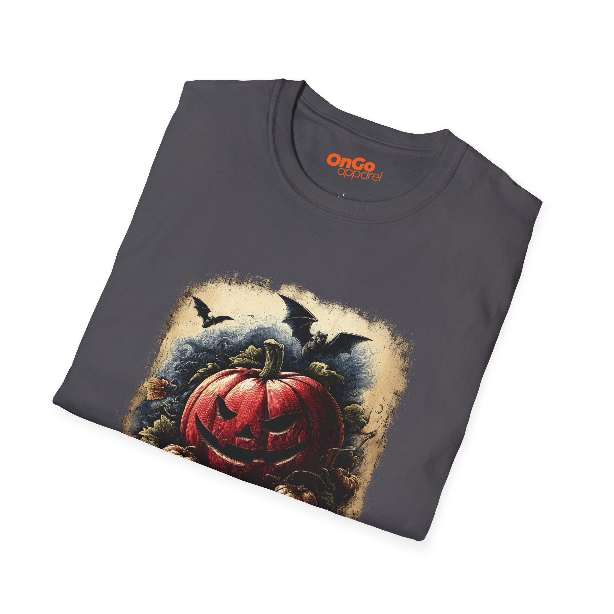 Jack-o'-Lantern Halloween T-shirt with Bats Design