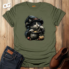 Cat Witch and Pumpkin Cauldron T-Shirt – military_green – oak-wood