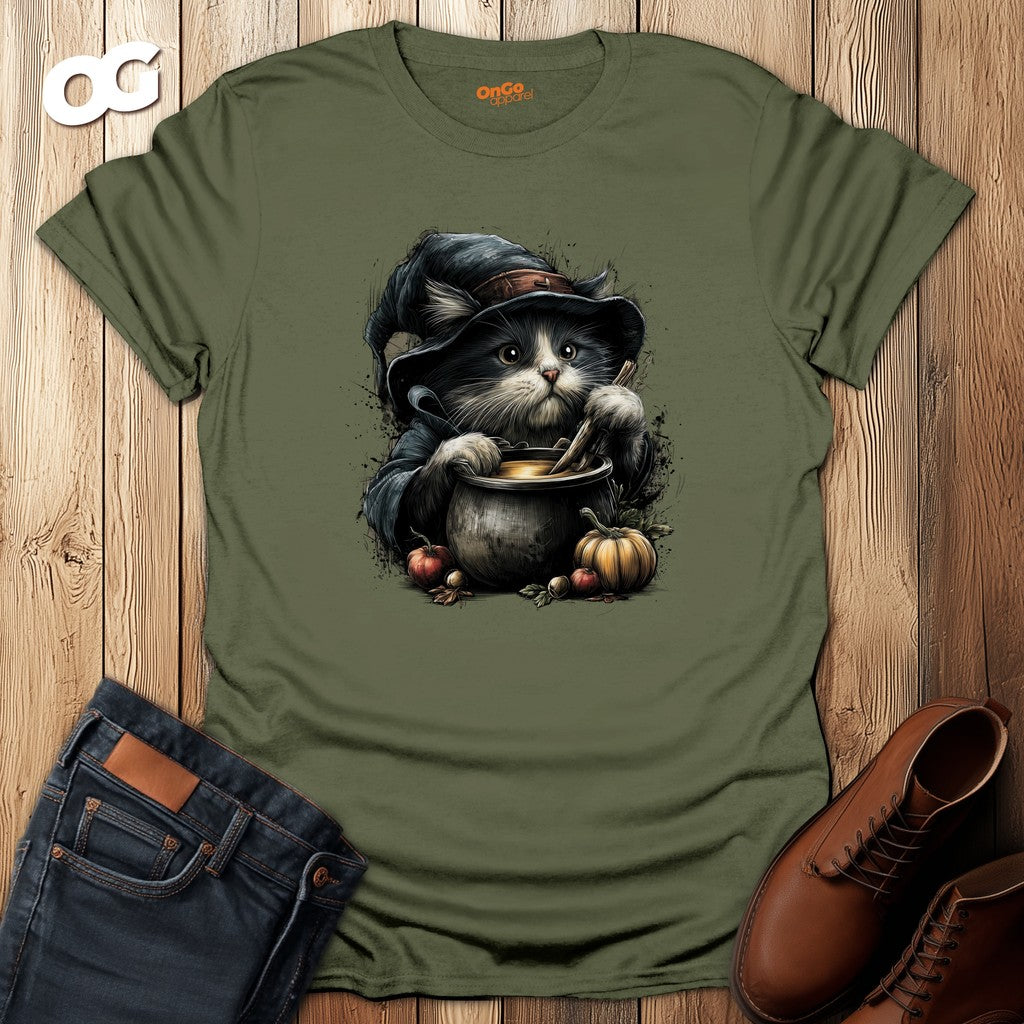 Cat Witch and Pumpkin Cauldron T-Shirt – military_green – oak-wood