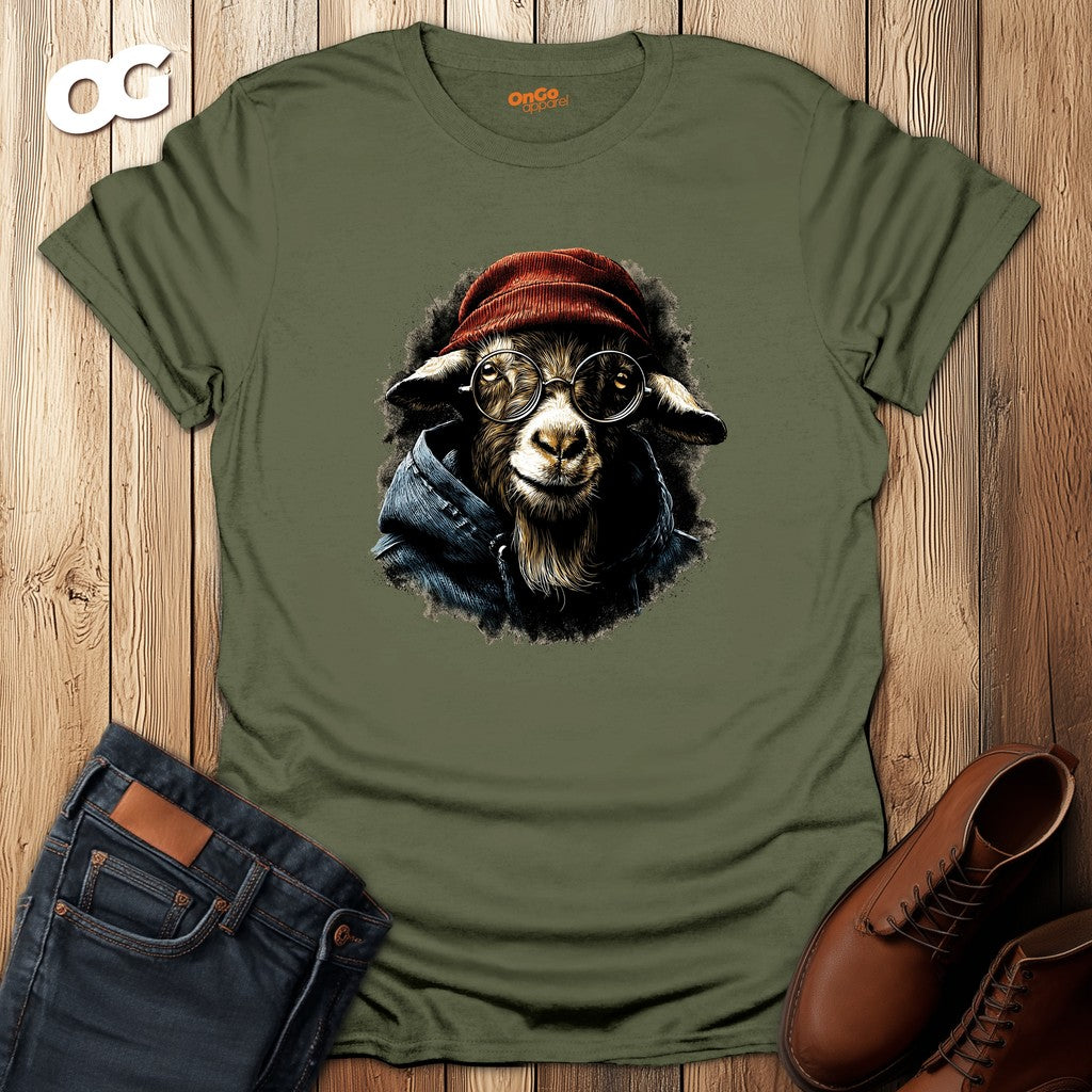 Trendy Goat with Glasses T-Shirt for Animal Lovers – military_green – oak-wood