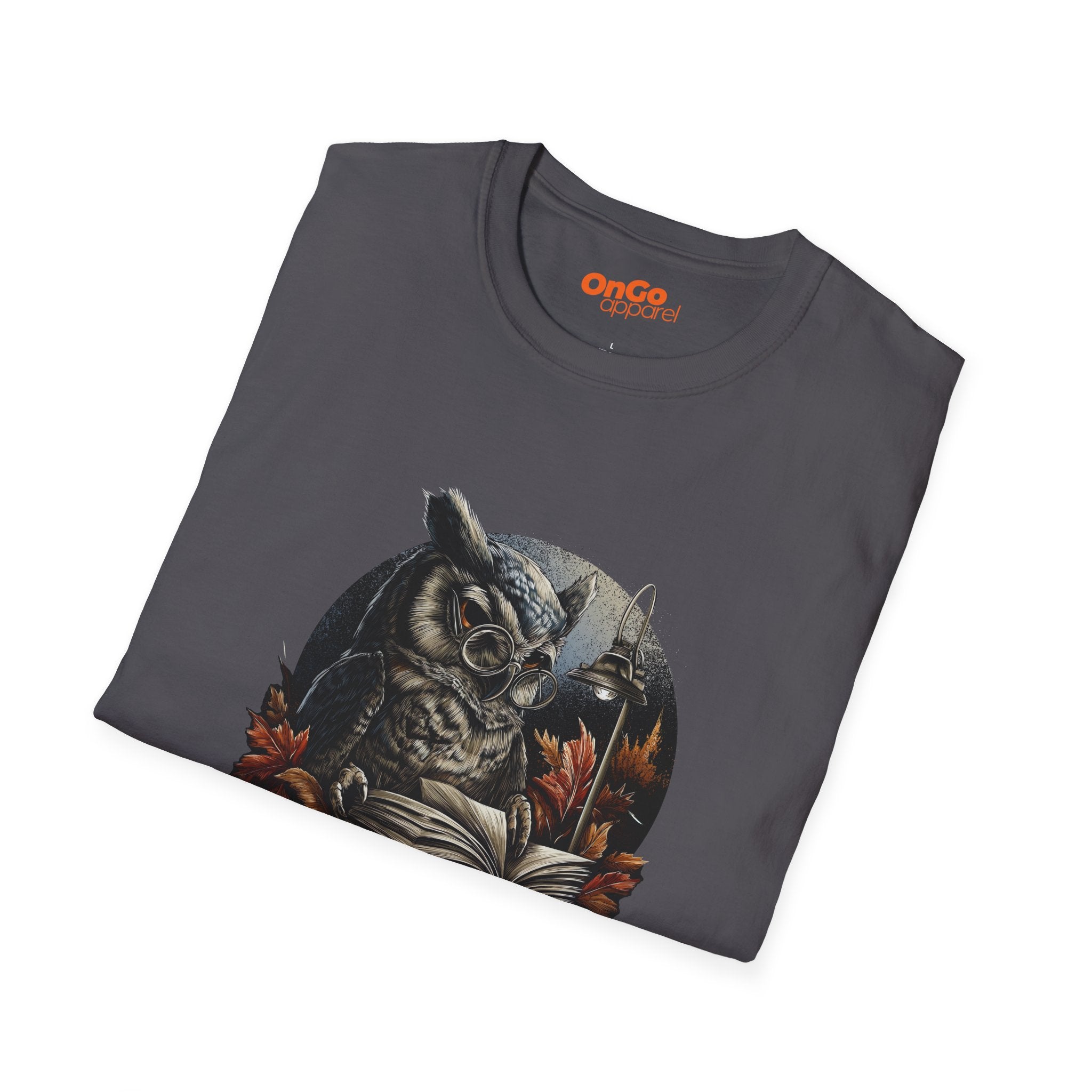 Owl Reading Book T-Shirt with Fall Leaves Design