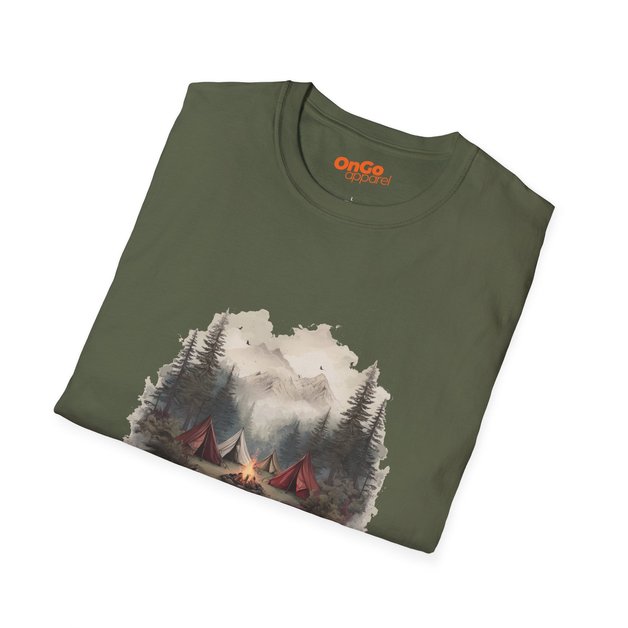 Camping Adventure T-Shirt with Bonfire and Mountain Scene
