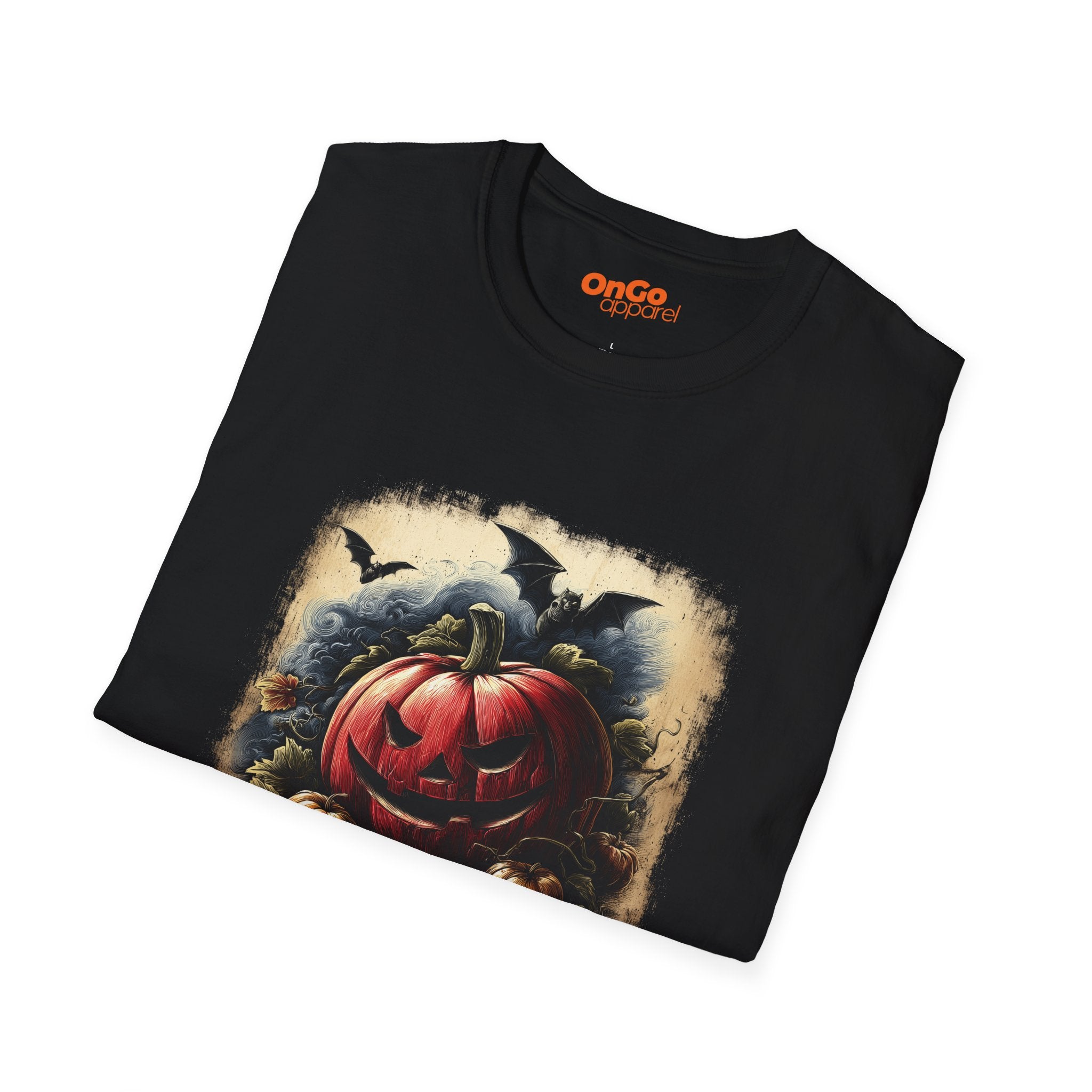Jack-o'-Lantern Halloween T-shirt with Bats Design