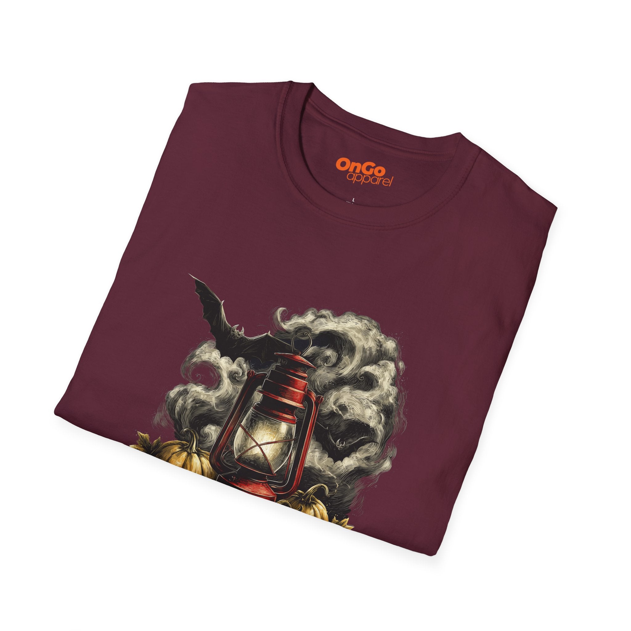 Eerie Lantern T-Shirt with Bats and Pumpkins Design