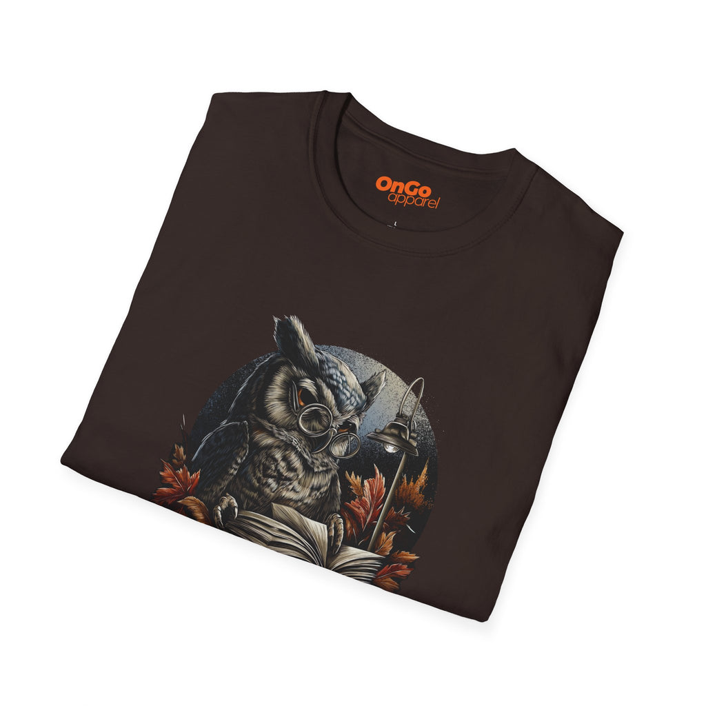 Owl Reading Book T-Shirt with Fall Leaves Design