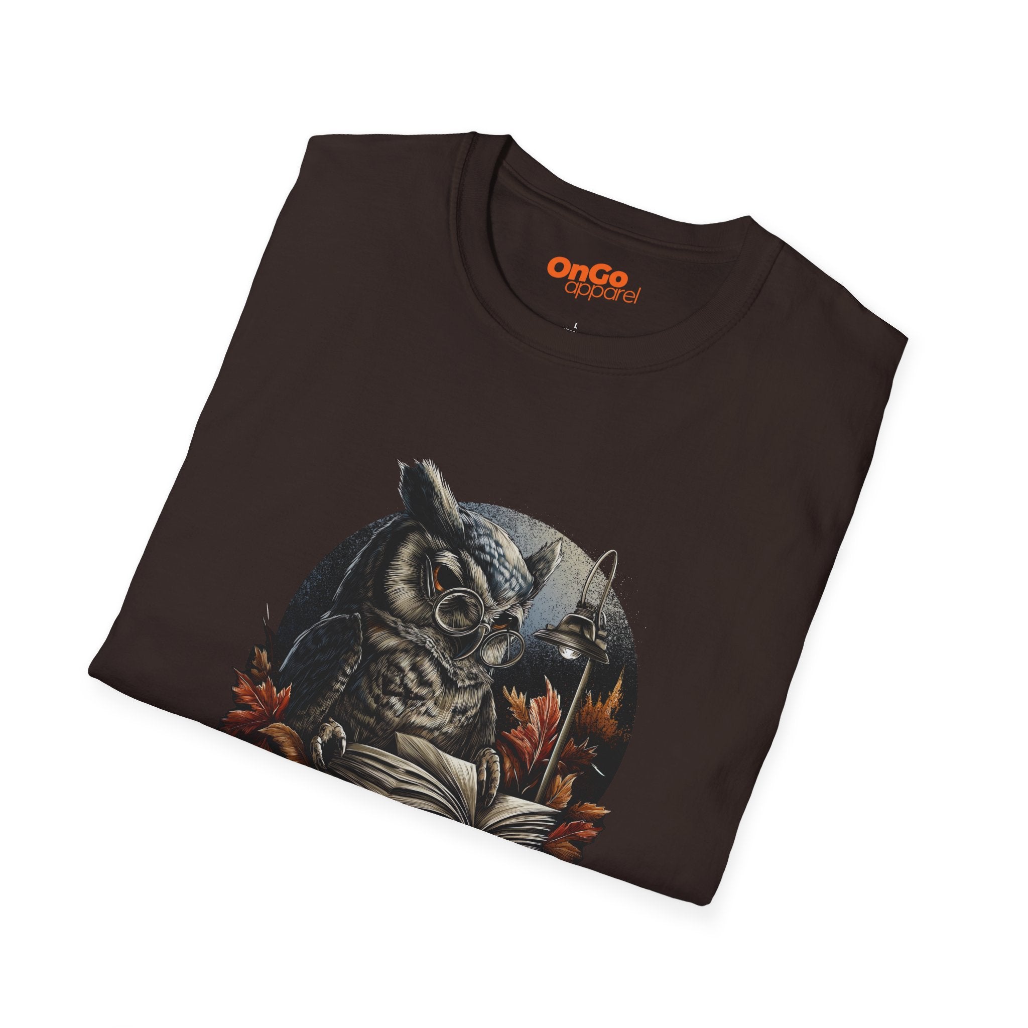 Owl Reading Book T-Shirt with Fall Leaves Design