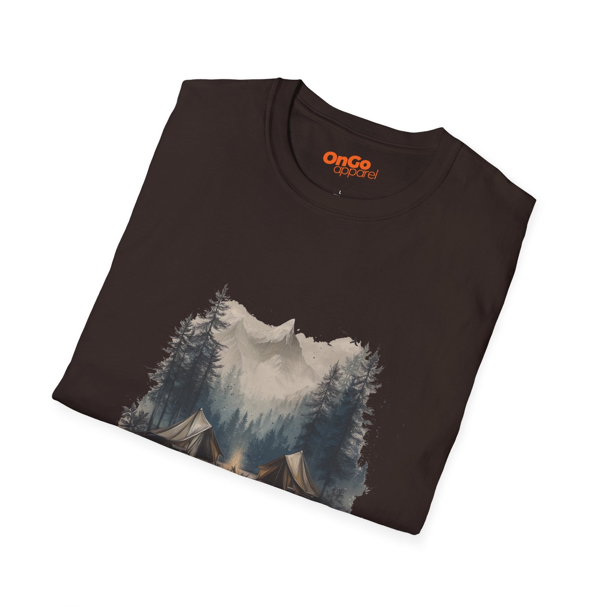 Camping Scene T-Shirt with Tent and Mountain Design