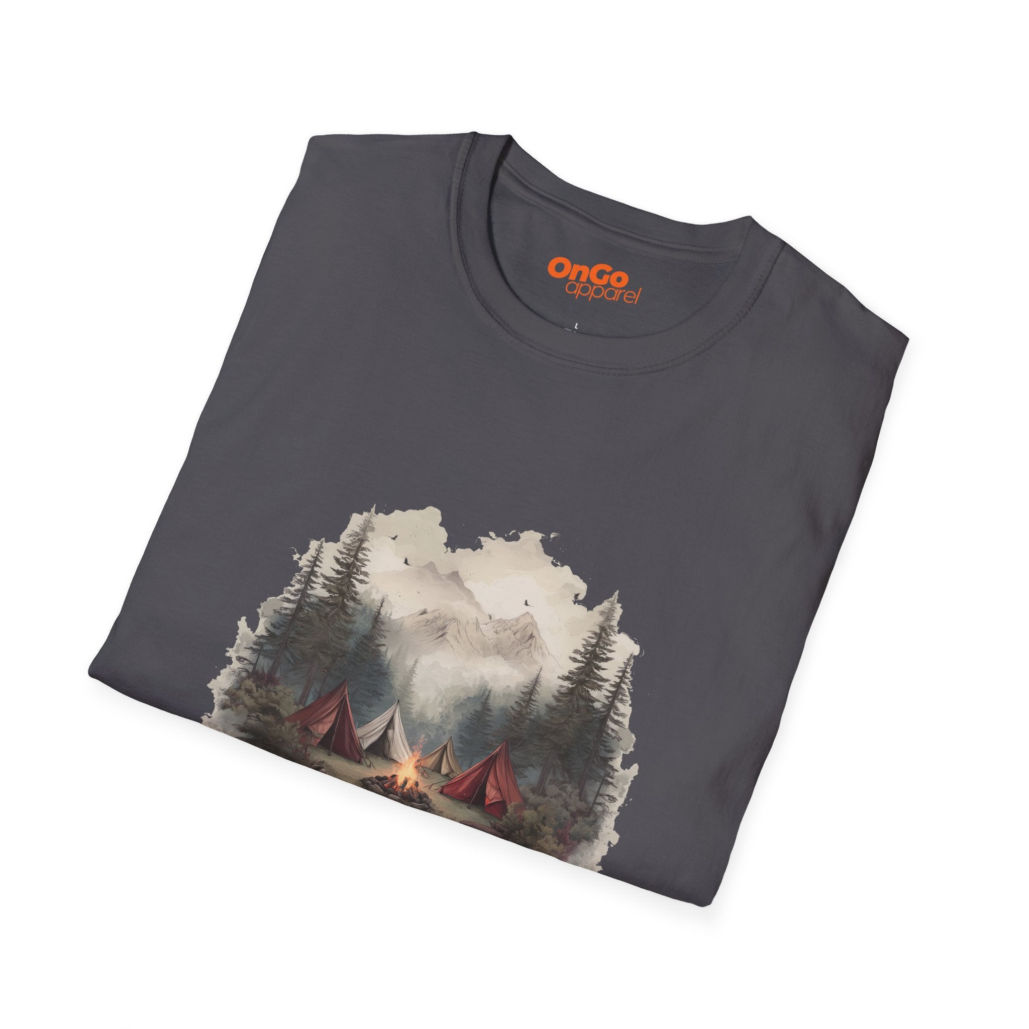 Camping Adventure T-Shirt with Bonfire and Mountain Scene