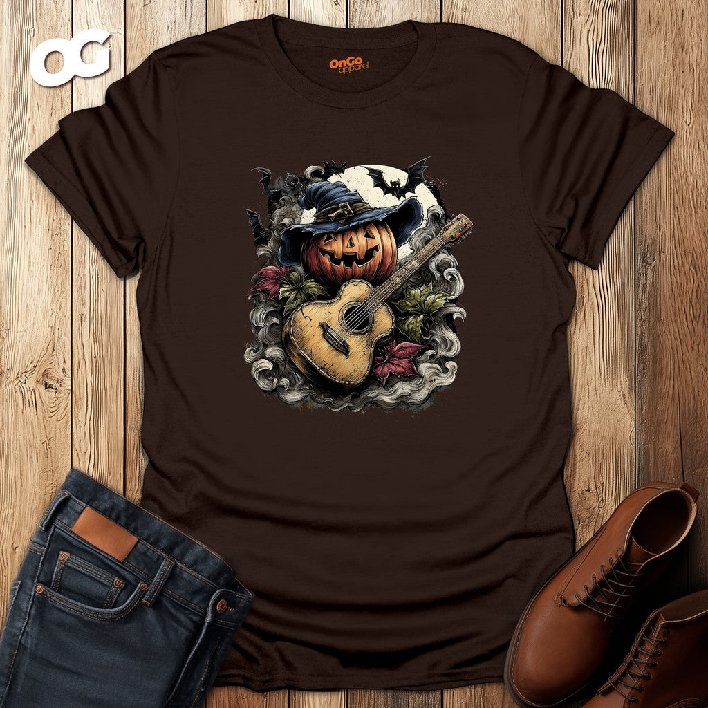 Halloween Pumpkin Guitar T-Shirt with Witch Hat – dark_chocolate – oak-wood