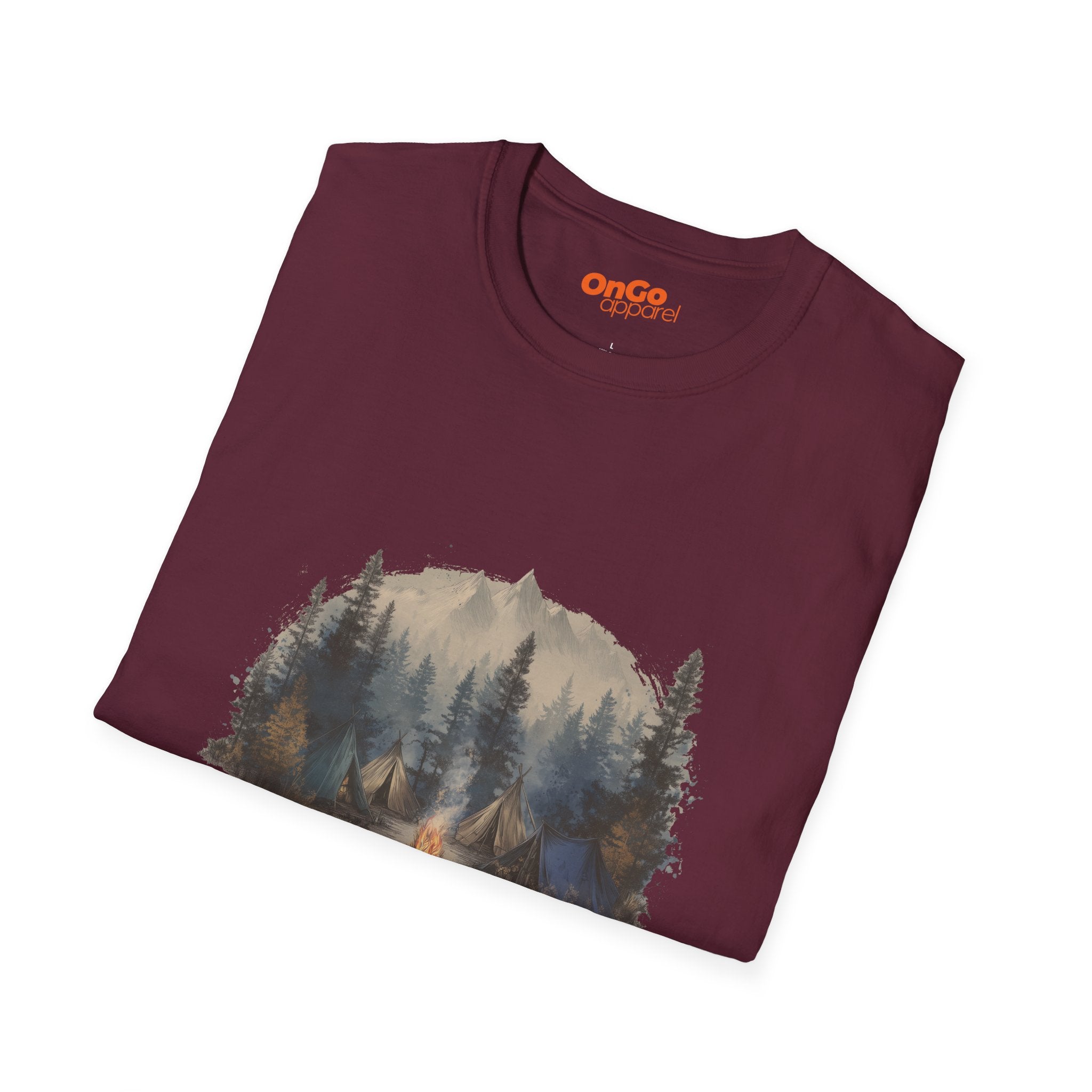 Camping Adventure T-Shirt with Mountain and Bonfire Design