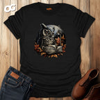 Owl Reading Book T-Shirt with Fall Leaves Design – black – oak-wood